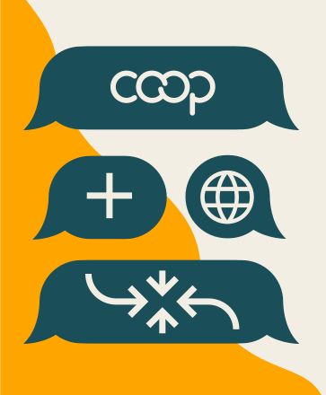 The central illustration - it displays the topics of their conversation. Including the Coop logo, a plus sign and a globe.
